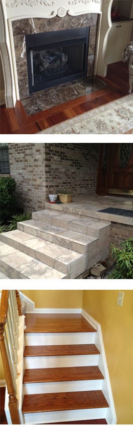 Tile projects including wooden stair treds, fireplace surrounds and exterior tile